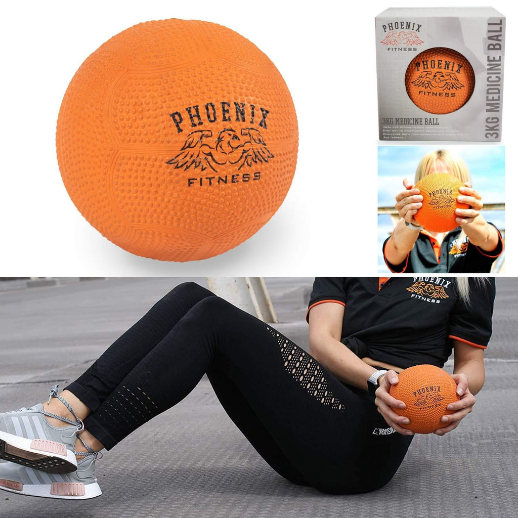 Phoenix Fitness No Bounce Medicine Slam Ball | Small 3kg Medicine Ball | Med Ball with Textured Easy Grip | Durable Rubber Gym Ball for Strengthening Core Muscles, Cardio Workouts, Resistance Training - Packed Direct UK