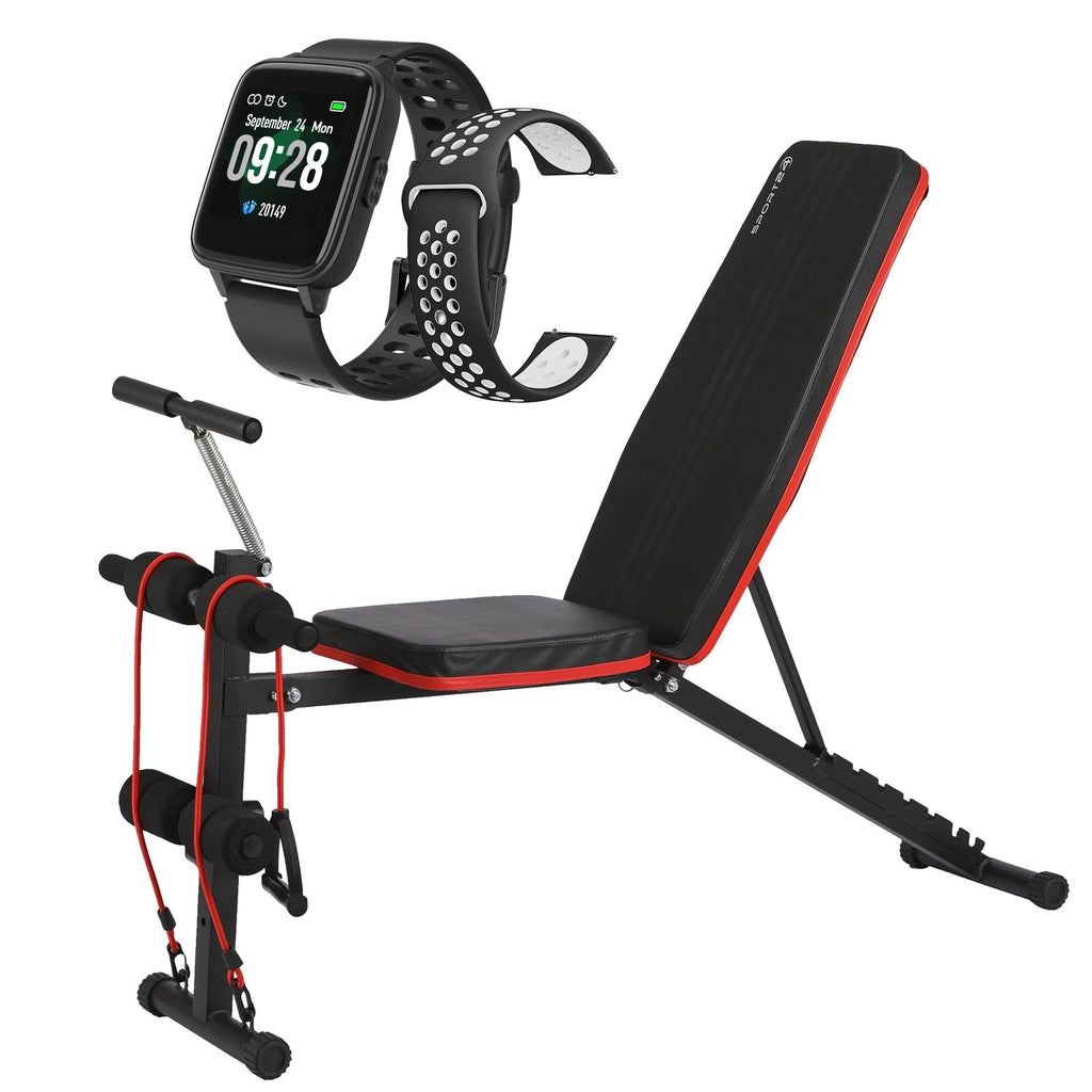Sport24 Adjustable Foldable Weight Bench (Black) + Multifunction Sport Fitness Tracker Heart Rate Watch - Packed Direct UK