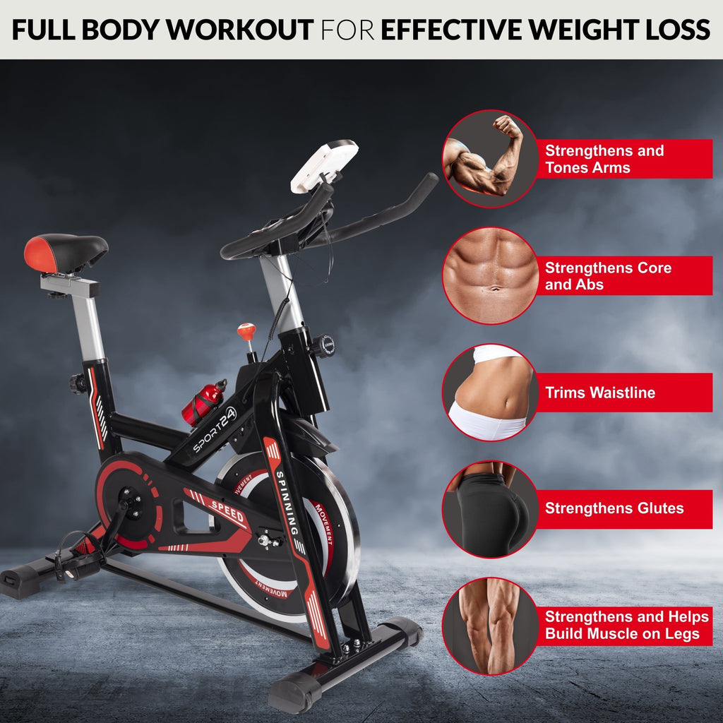 SPORT24 Stationary Upright Exercise Spinning Bike for Home Use, LCD Multi-Function Monitor, Cardio Trainer, Indoor Fitness, Multi-Resistance Levels, Flywheel Bicycle, 2021 Edition - Packed Direct UK