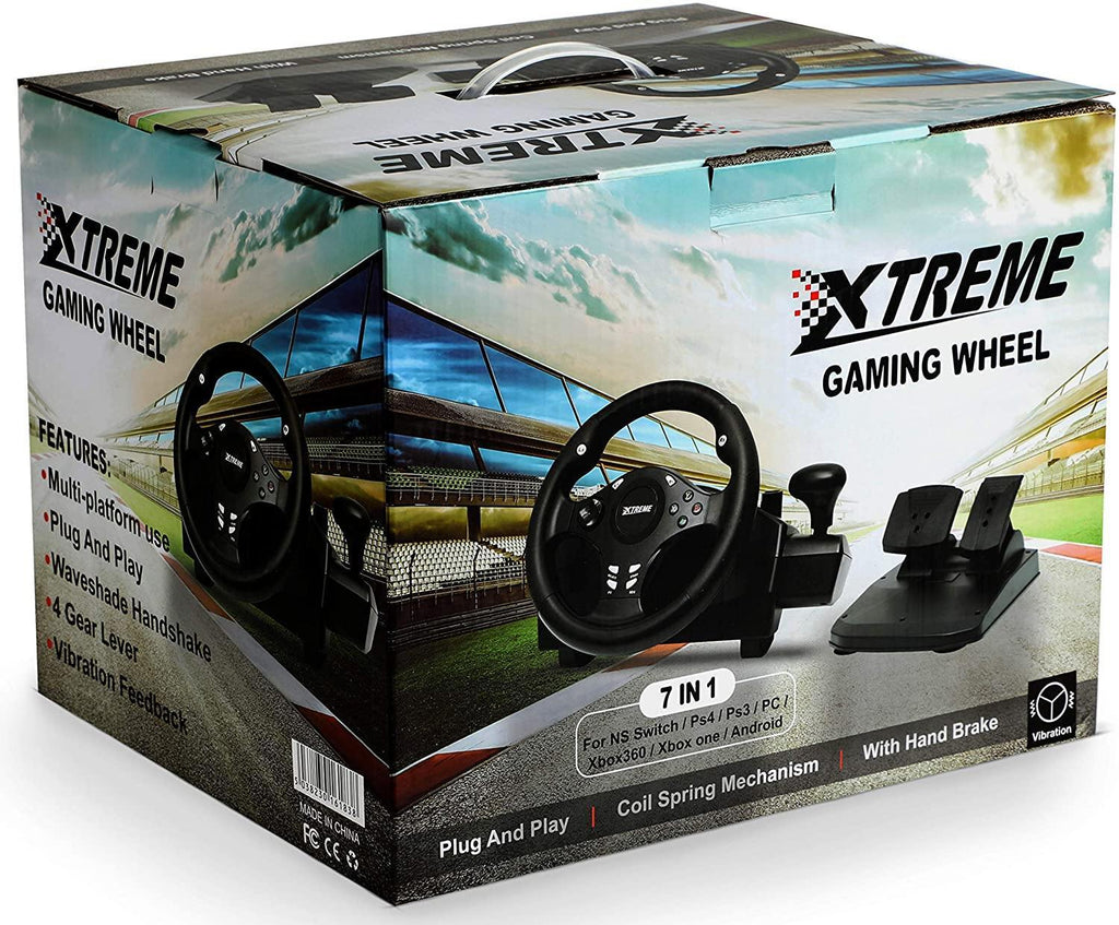 XTREME Racing Gaming Steering Wheel for PS4, Xbox One, Xbox 360, PC Computer, Nintendo Switch, PS3, Android - Racing Gaming Steering Wheel with Vibration , Gear Strick Lever and 2 Pedals , Black - Packed Direct UK