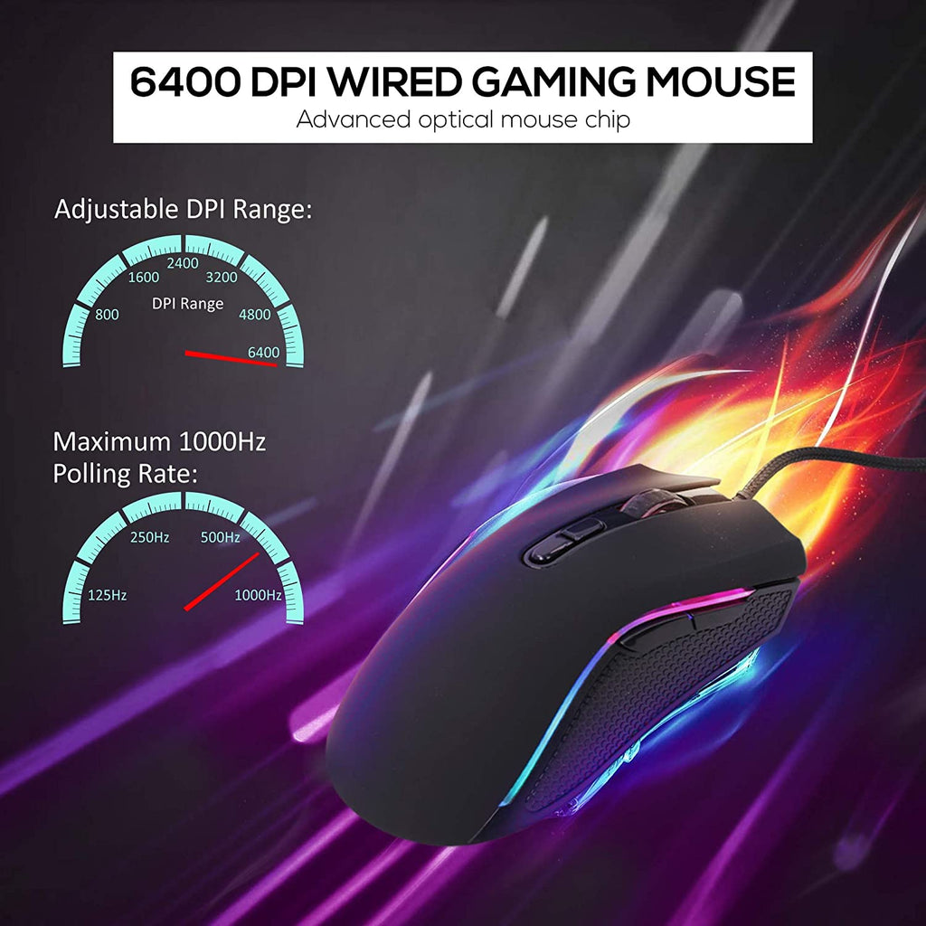 XTREME RGB Backlit USB Wired Optical Gaming Mouse for PC Computer Gaming - 7 Programmable Buttons - 6400 DPI Adjustable - Ergonomic Grip - Black - Packed Direct UK